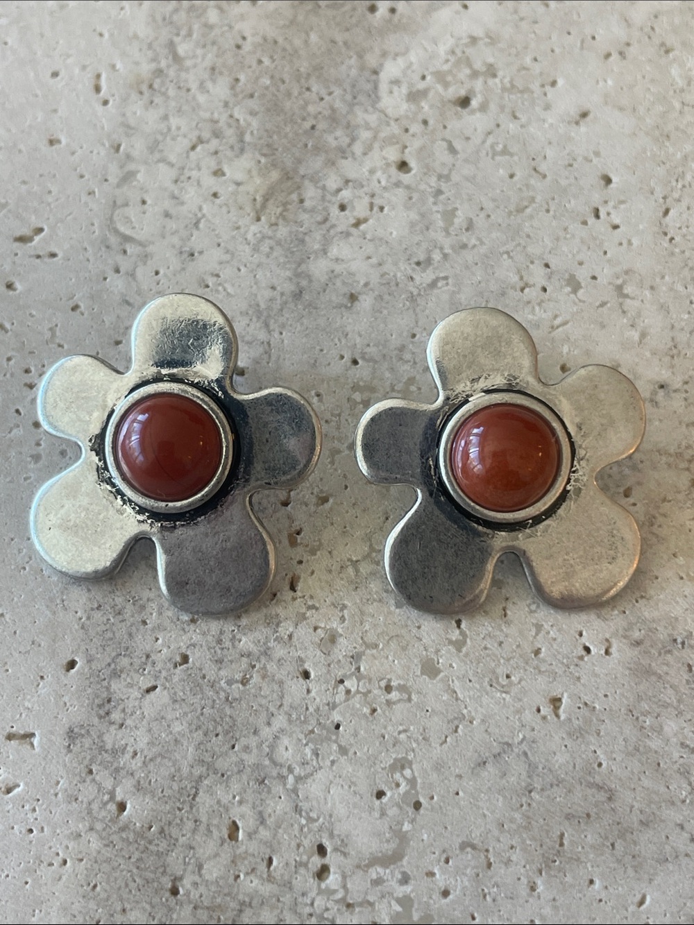 Anthropologie Silver Flower Stud Earrings with Carbelian Stone